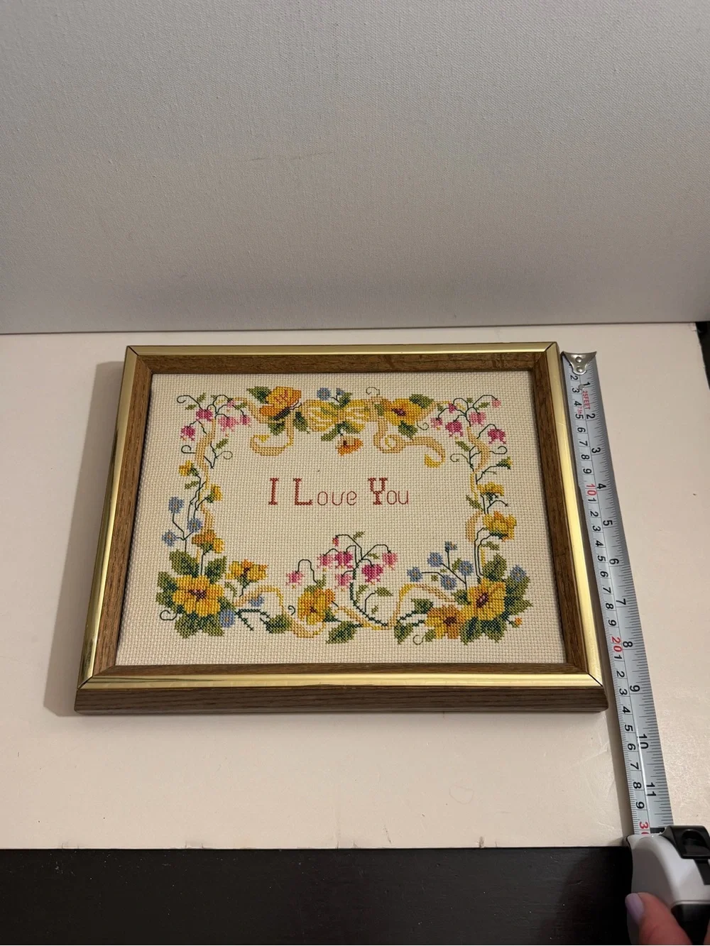 Framed Floral 'I Love You' Cross Stitch Wall Accent - colorful